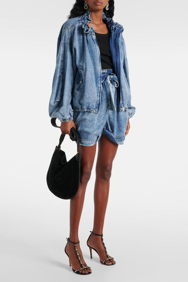 Lmara Drawstring Petal Collar Denim Jacket