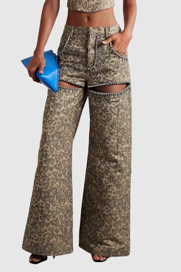 Monica Leopard  Rhinestone Cutout Jeans