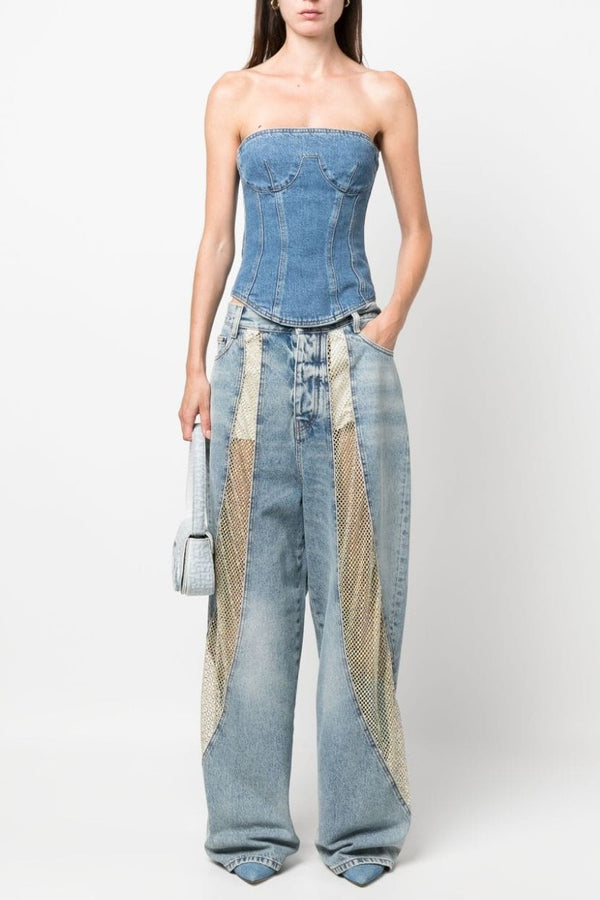 Adelia Crystal Mesh Patchwork Jeans - Blue