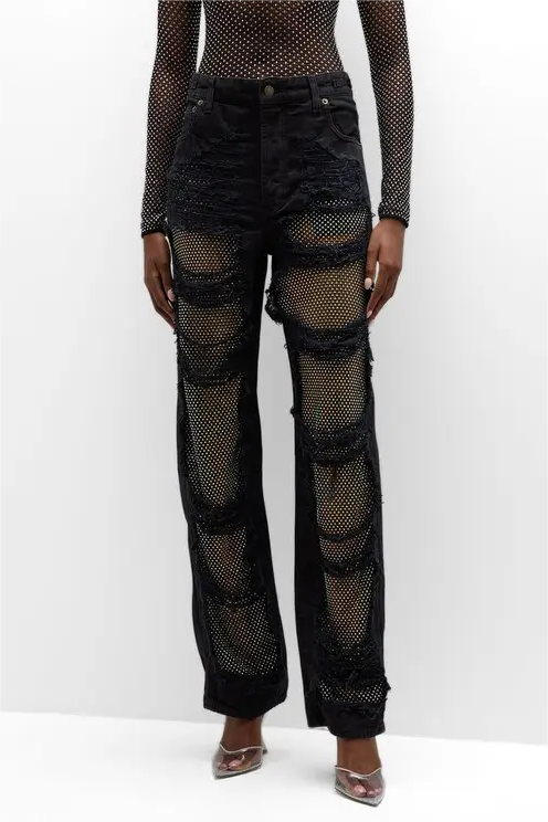 Ainsley Crystal Mesh Straight-Leg Jeans