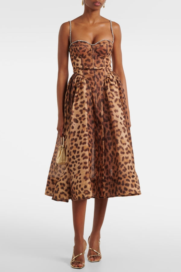 Alainy Leopard Crystal Belted Midi Dress