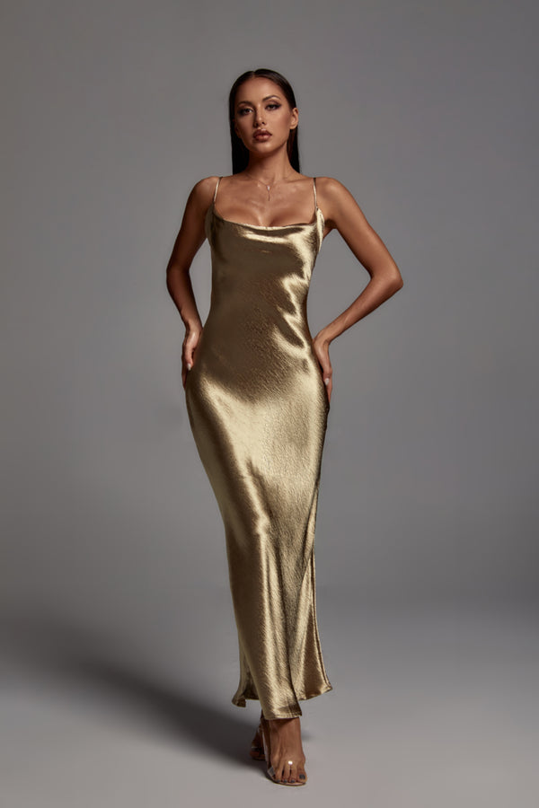 Aubrey Metallic Golden Maxi Dress