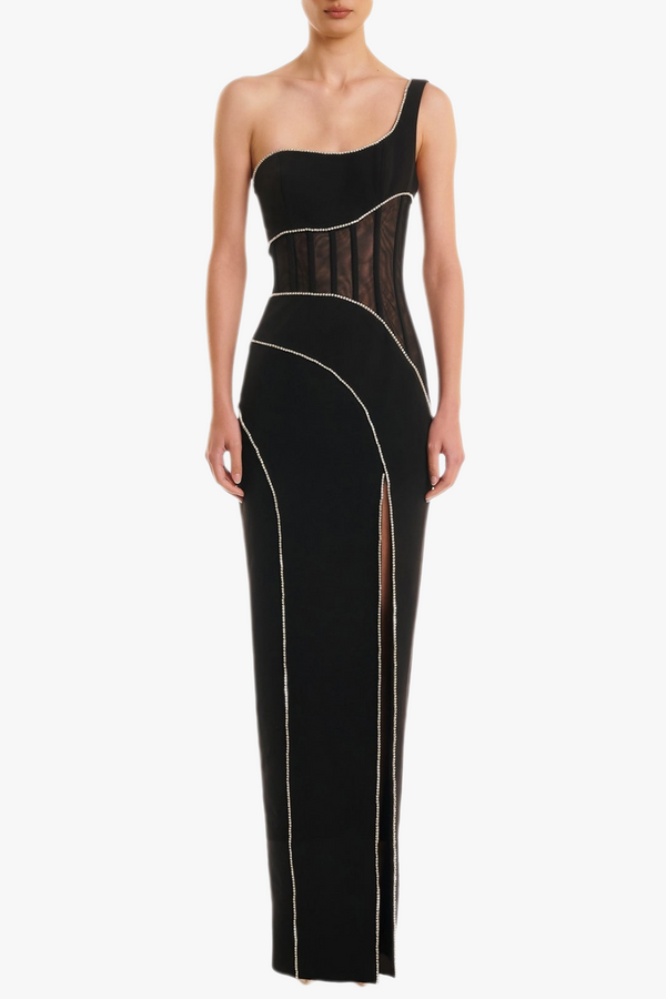 Zoraida Diamante Mesh One Shoulder Split Maxi Bandage Dress