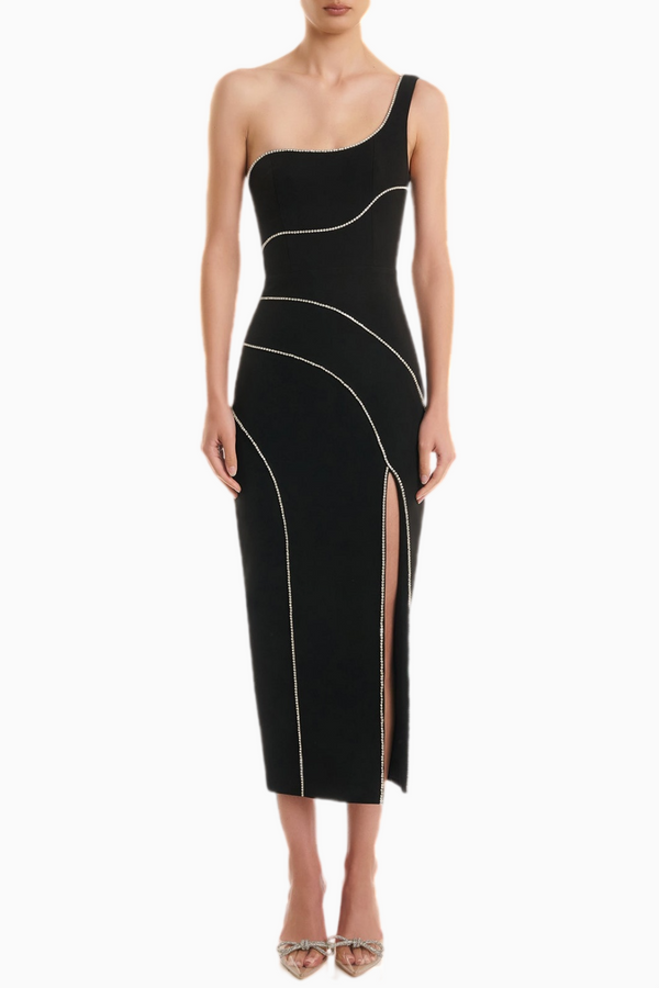 Zoraida Diamante One Shoulder Split Midi Bandage Dress