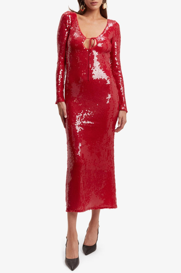 Brianna Sequin Midi Dress - Red