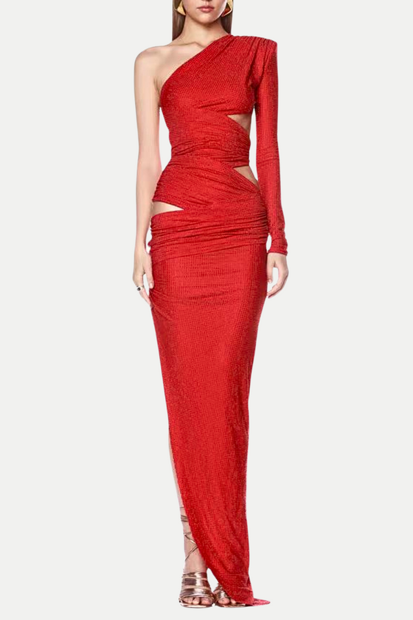 Caits One Shoulder Crystal Cutout Maxi Dress