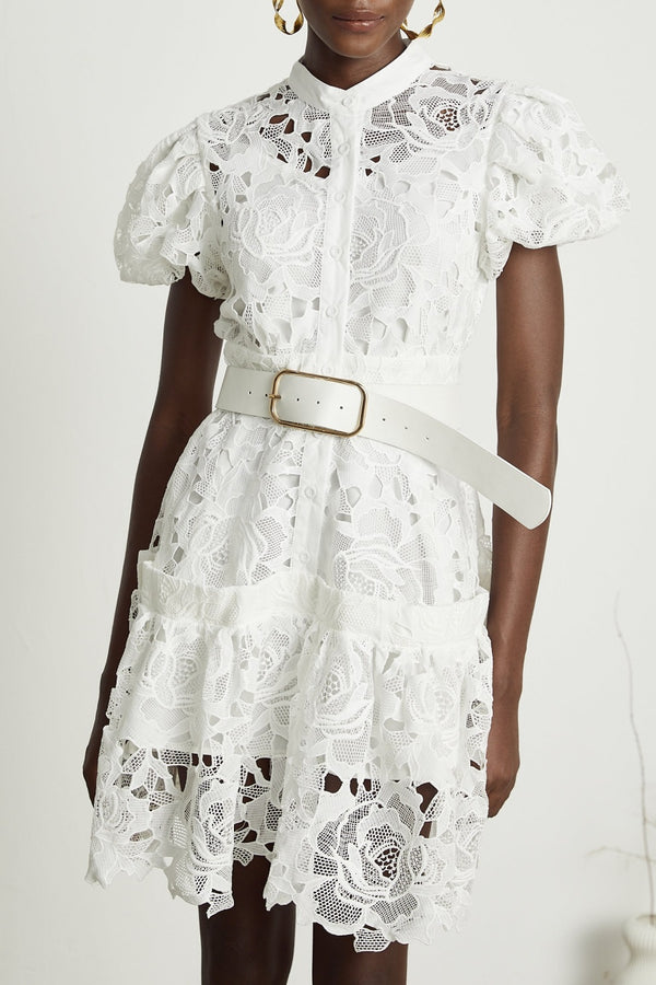 Calista Lace-embroidered Belted Mini Dress