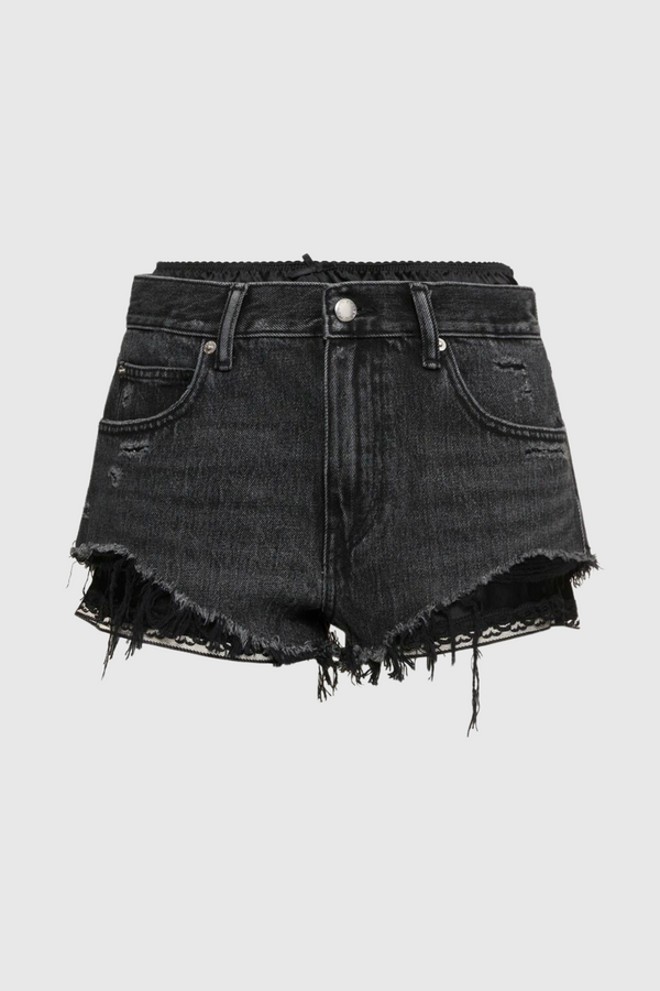 Chaeli Lace-layer Denim Shorts - Black