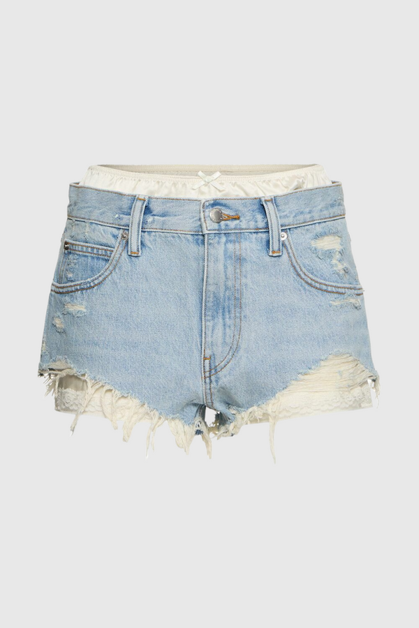 Chaeli Lace-layer Denim Shorts - Blue