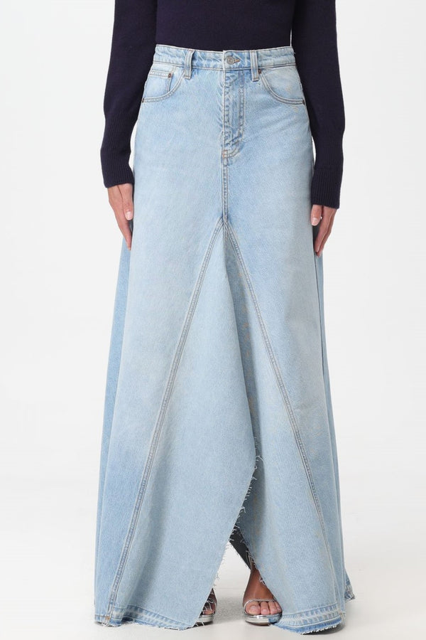 Charlia Paneled Frayed Denim Skirt