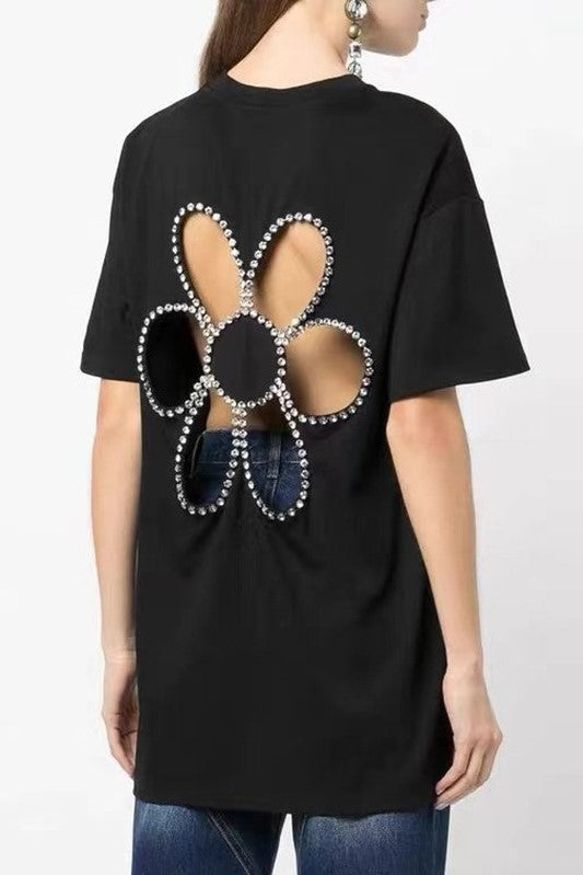 Debora Flower Hollow Rhinestone Embellished T-shirt - Black