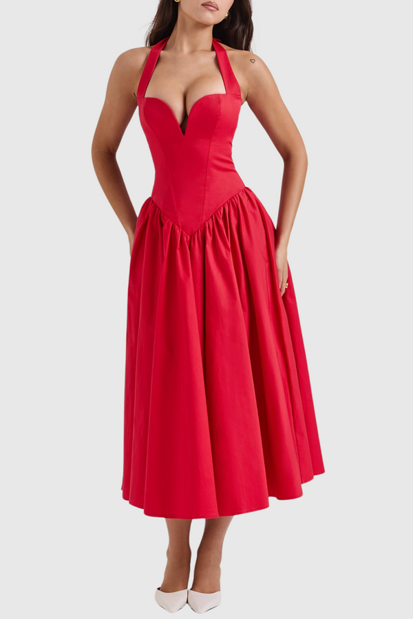 Ebrill Halter V-neck Ruched Midi Dress - Red