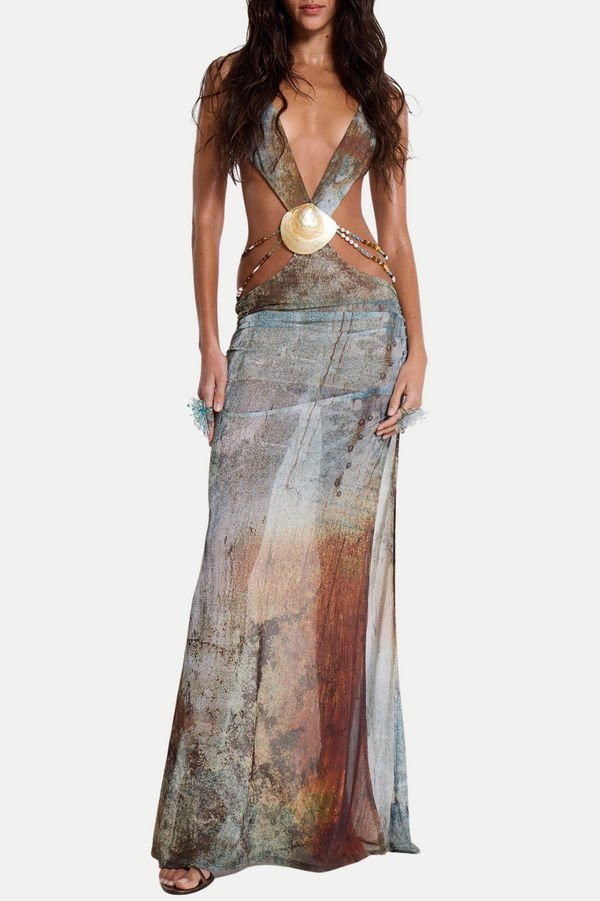 Einar Print Mesh Embellished Backless Maxi Dress