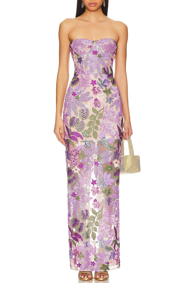 Elara Floral Sequin Embroidered Strapless Maxi Dress - Purple