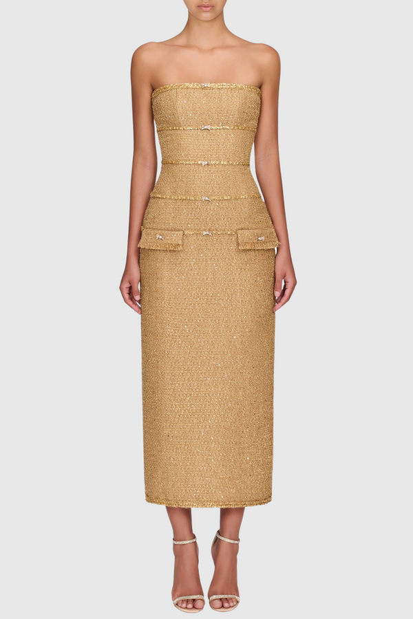 Elborno Gold Embellished Strapless Midi Dress