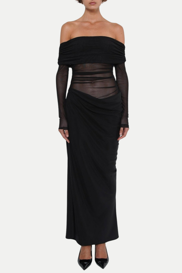 Enko Off Shoulder Ruched Mesh Maxi Dress - Black