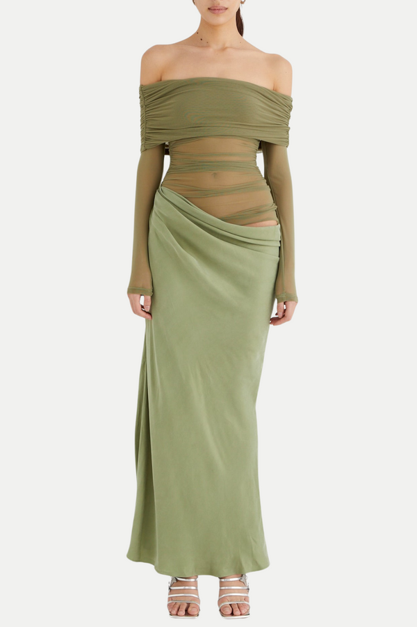 Enko Off Shoulder Ruched Mesh Maxi Dress - Green