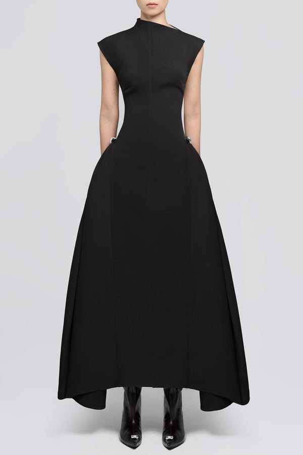 Eorkone Symmetric Drapes Flared Midi Dress - Black