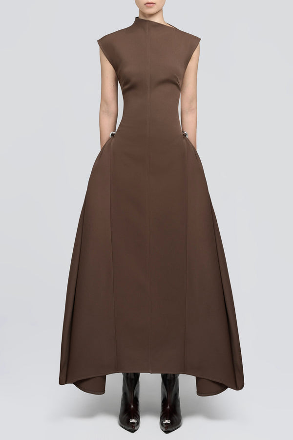 Eorkone Symmetric Drapes Flared Midi Dress - Brown