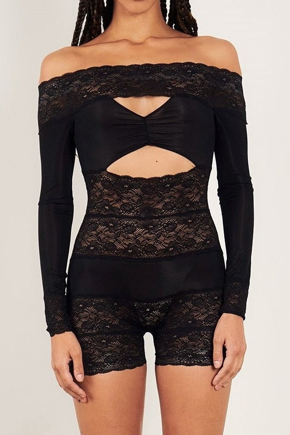 Estrella Off Shoulder Lace Playsuit - Black