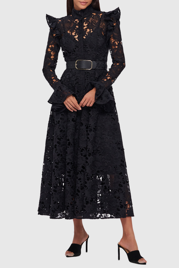 Freya Ruffle Lace-embroidered Belted Midi Dress - Black