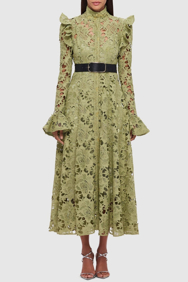 Freya Ruffle Lace-embroidered Belted Midi Dress - Green