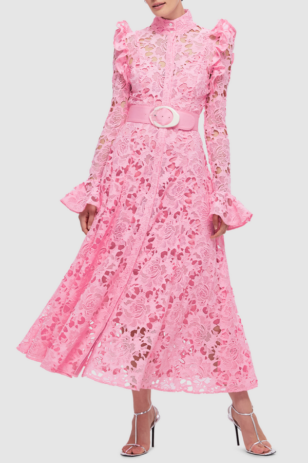 Freya Ruffle Lace-embroidered Belted Midi Dress - Pink