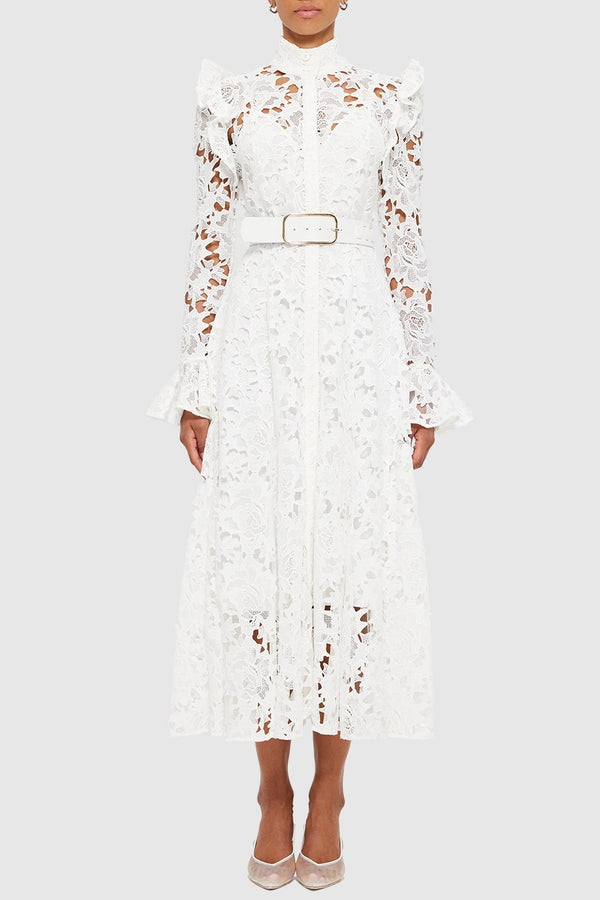 Freya Ruffle Lace-embroidered Belted Midi Dress - White