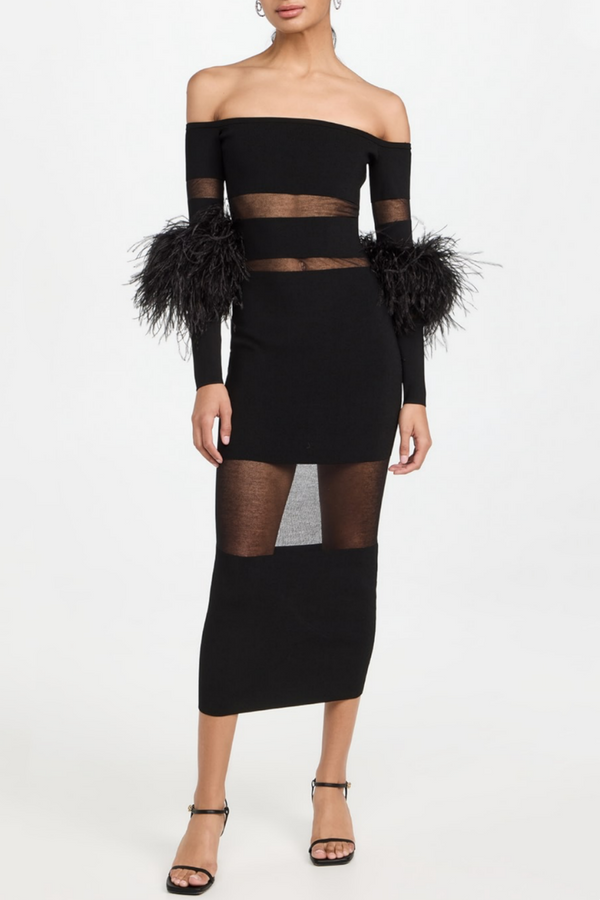 Genesis Off Shoulder Feather Mesh Midi Bandage Dress - Black