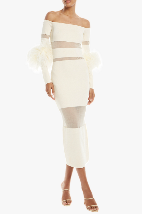 Genesis Off Shoulder Feather Mesh Midi Bandage Dress - White