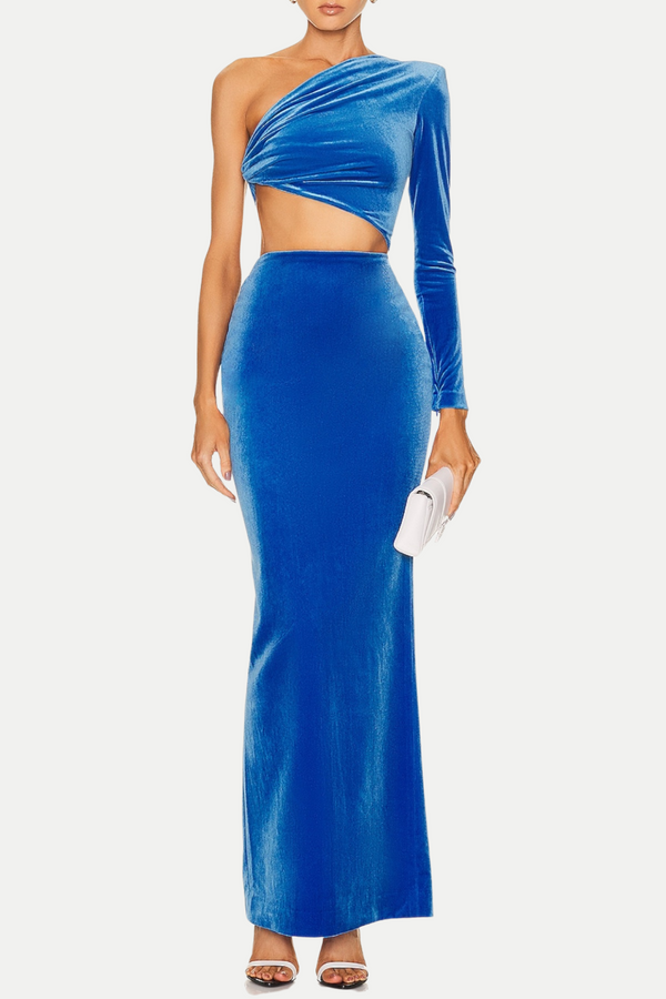 Gianni One Shoulder Velvet Cutout Maxi Dress