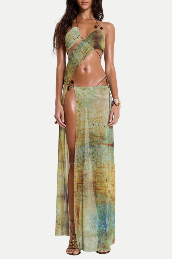 Himer Print Mesh Embellished Slit Maxi Dress