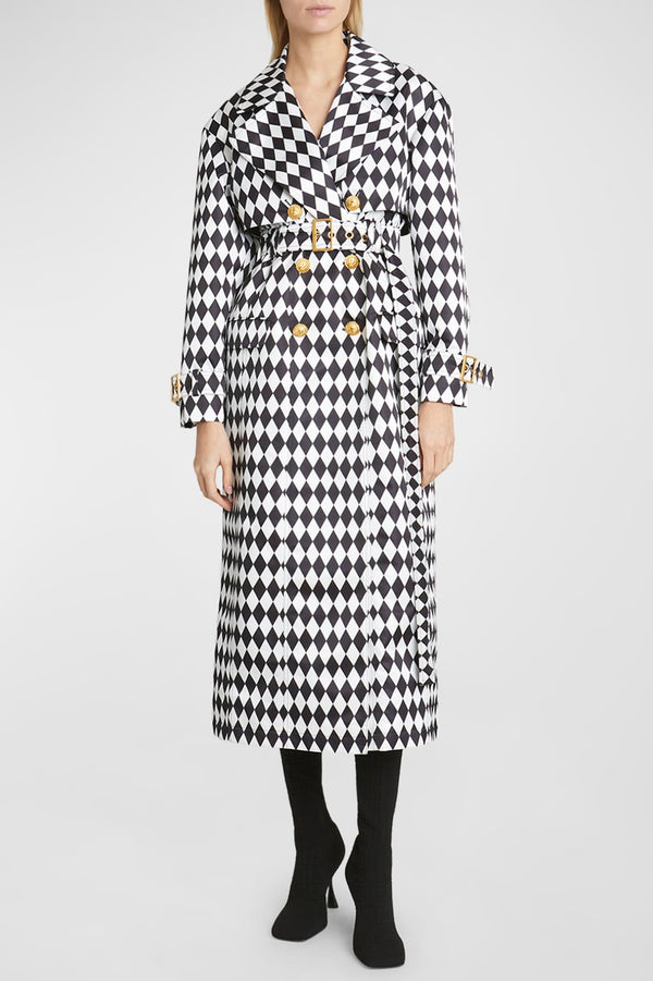 Hyrine Diamond Print Belted Trench Coat