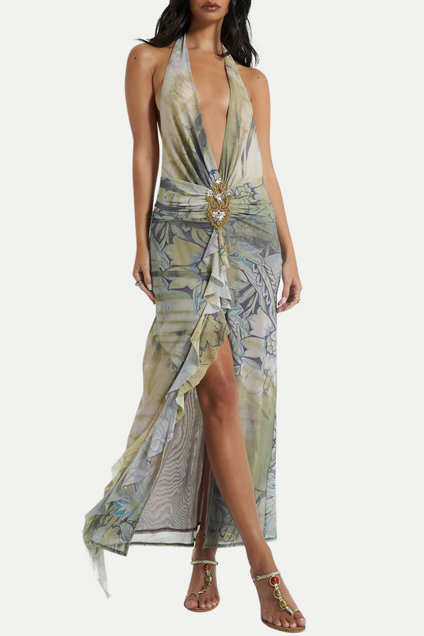 Kaisy Print Halter Mesh Plunge Midi Dress