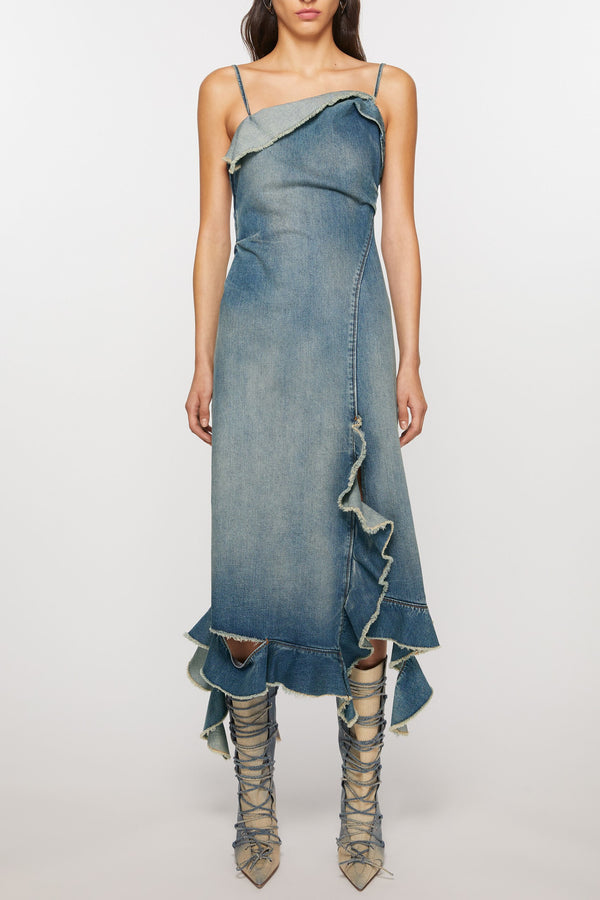 Kenzia Asymmetric Denim Ruffle Midi Dress