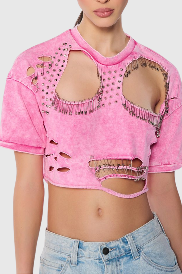 Kira Cutout Paperclip Embellished T-shirt - Pink