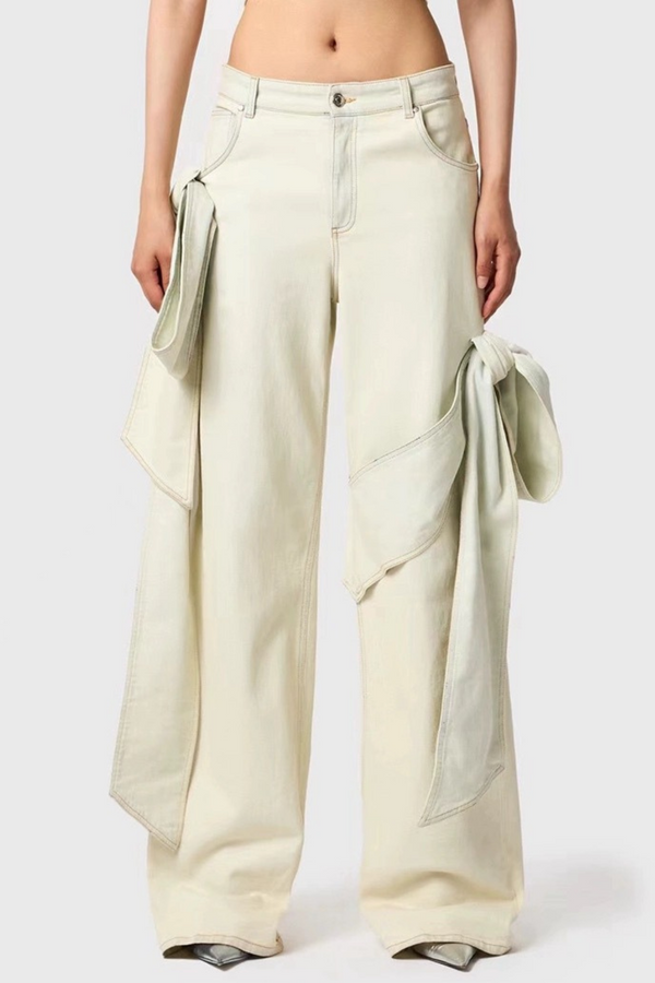 Camille Bow Straight Jeans - White