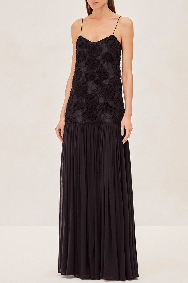 Lillie Spaghetti Floral Ruffle Maxi Dress - Black