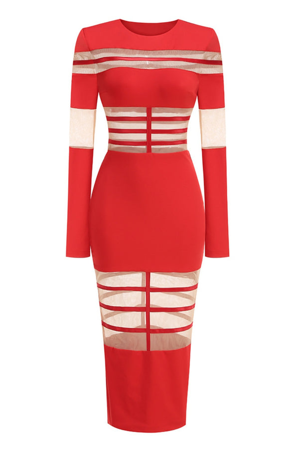 Londyn Mesh Long Sleeve Midi Dress - Red