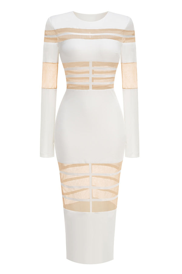 Londyn Mesh Long Sleeve Midi Dress - White