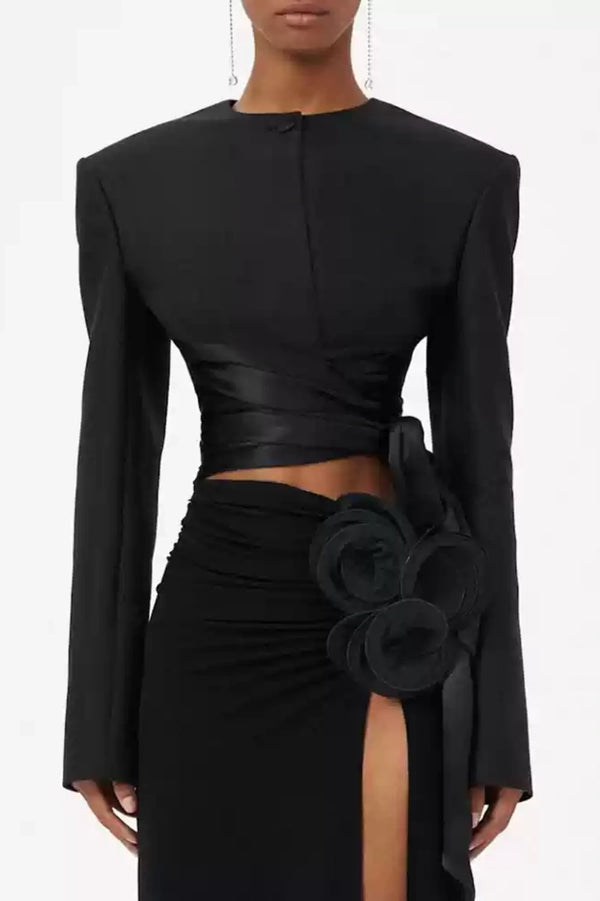 Maelie Bow Detail Satin Crop Blazer  - Black