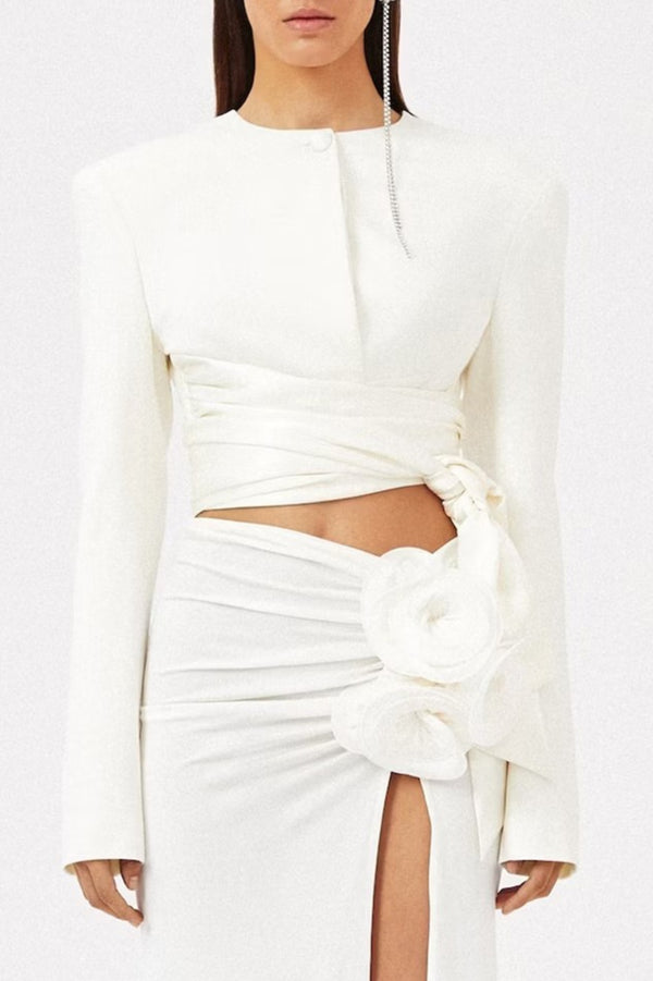 Maelie Bow Detail Satin Crop Blazer  - White