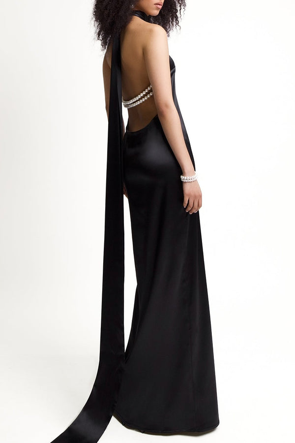 Maelis Pearl Satin Halter Maxi Dress - Black