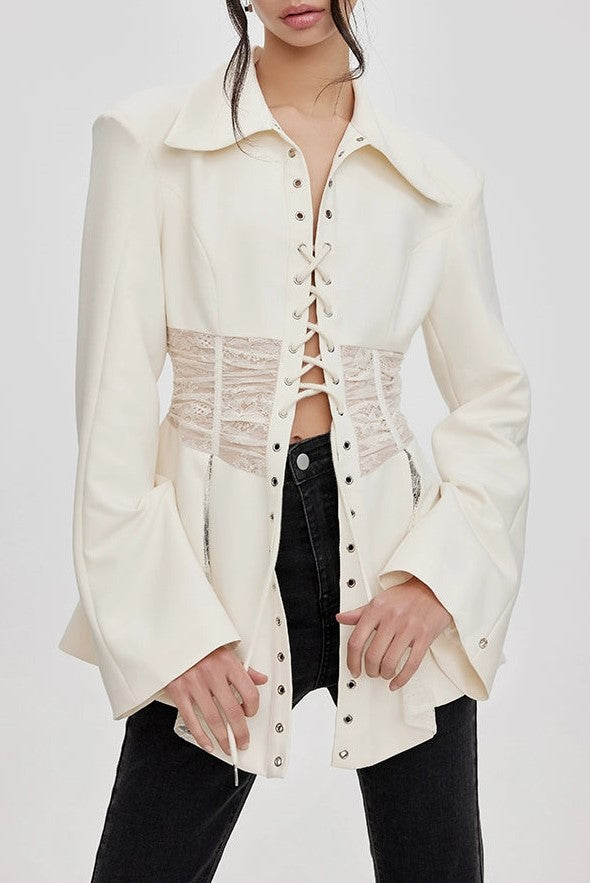 Melany See Through Lace Up Shirt - White