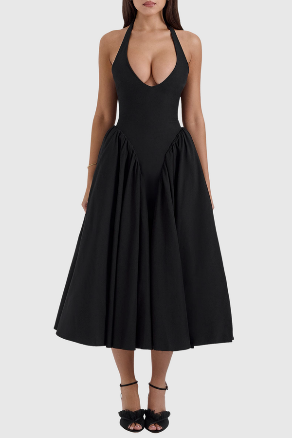 Ebrill Halter V-neck Ruched Midi Dress - Black