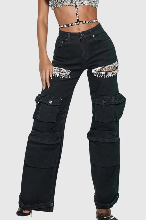 Nimat Rhinestone Cutout Cargo Jeans - Black