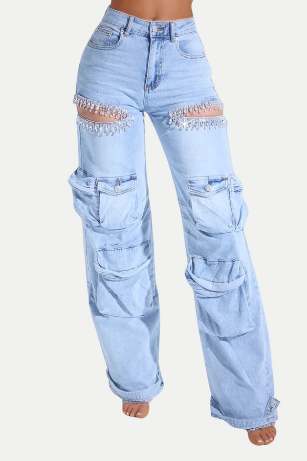 Nimat Rhinestone Cutout Cargo Jeans - Blue