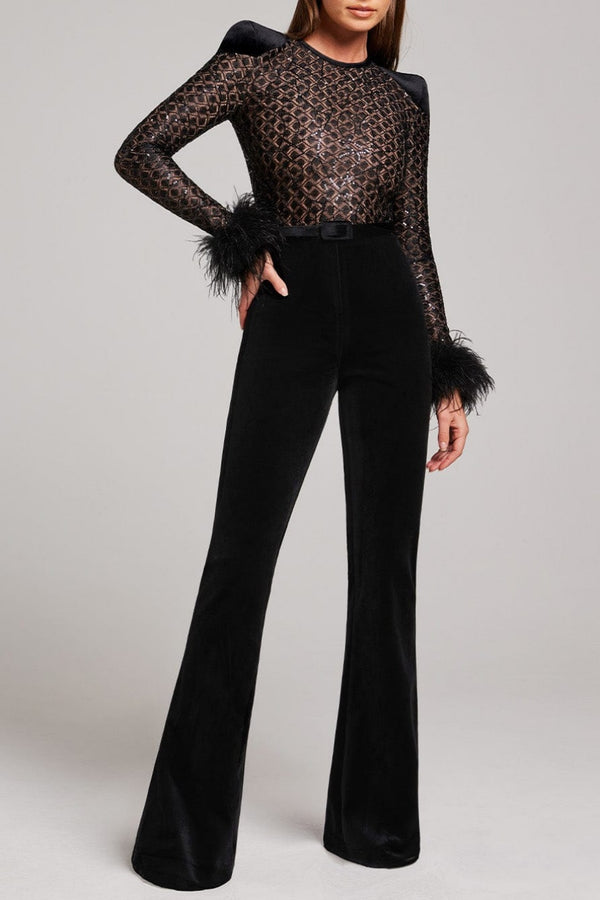 Noelle Sequin Feather Belted Bandage Jumpsuit