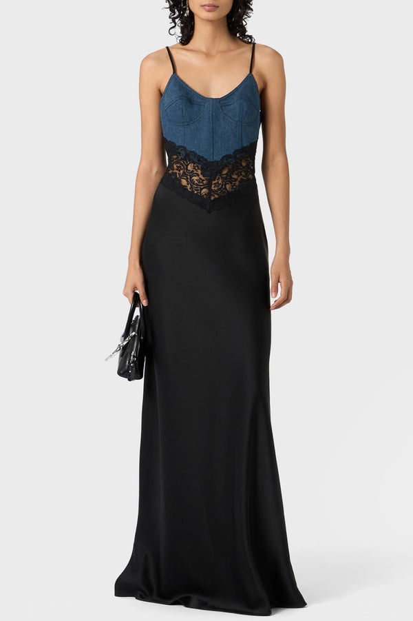 Olathe Denim Lace Satin Maxi Dress