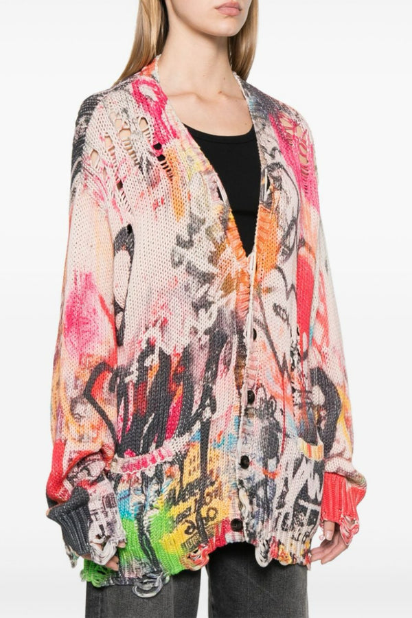 Onida Graffiti Printed Distressed Cardigan